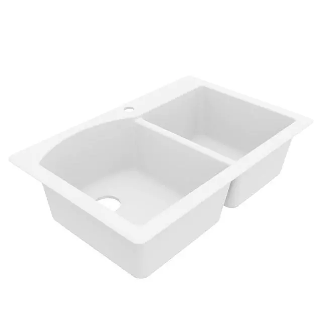Alt view image 6 of 6 - 33" Drop-In/Top Mount Quartz Composite 1-Hole 60/40 Double Bowl Kitchen Sink in White