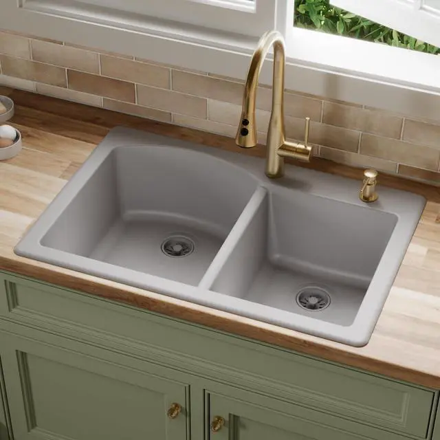 Alt view image 2 of 6 - 33" Drop-In/Top Mount Quartz Composite 1-Hole 60/40 Double Bowl Kitchen Sink in Grey