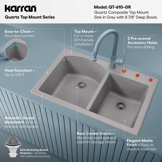 Alt view image 3 of 6 - 33" Drop-In/Top Mount Quartz Composite 1-Hole 60/40 Double Bowl Kitchen Sink in Grey