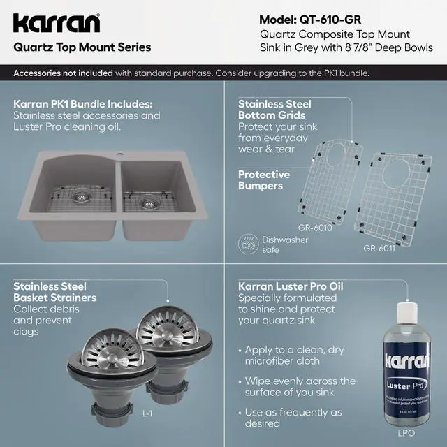 Alt view image 4 of 6 - 33" Drop-In/Top Mount Quartz Composite 1-Hole 60/40 Double Bowl Kitchen Sink in Grey