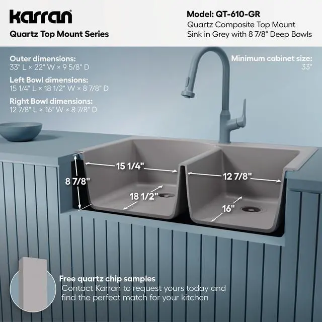 Alt view image 5 of 6 - 33" Drop-In/Top Mount Quartz Composite 1-Hole 60/40 Double Bowl Kitchen Sink in Grey
