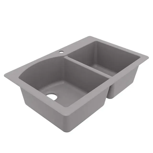 Alt view image 6 of 6 - 33" Drop-In/Top Mount Quartz Composite 1-Hole 60/40 Double Bowl Kitchen Sink in Grey