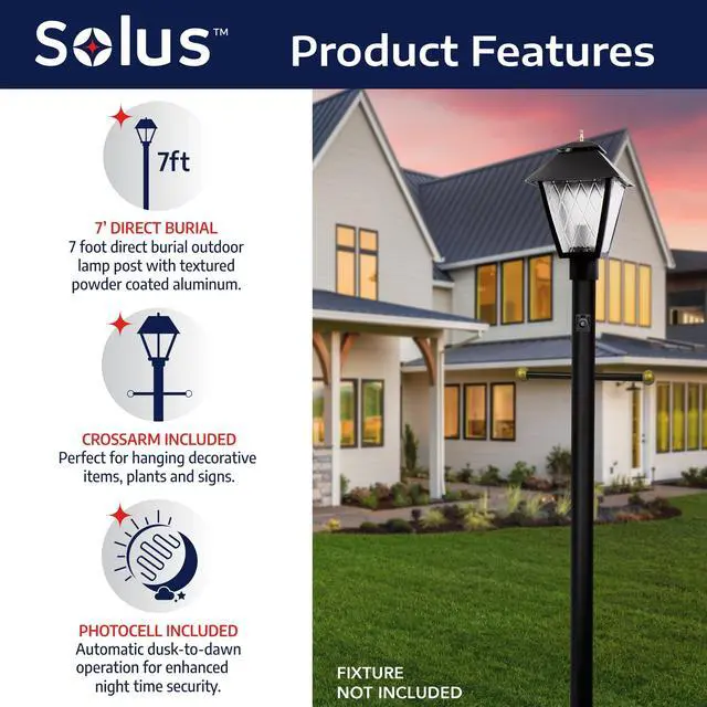 Alt view image 3 of 6 - 7-Foot Direct Burial Lamp Post Outdoor Aluminum Light Pole with Decorative Cross Arm Fits Standard 3" Post Top Fixtures Black, Bronze, or White Made in USA (Black, Set of 4)