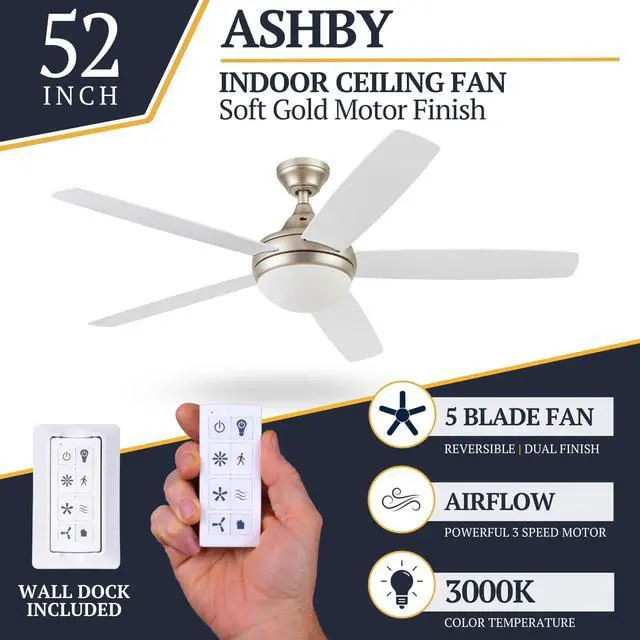 Alt view image 2 of 6 - Ashby Modern 52 Inch Ceiling Fan with Light, LED Fan with Remote Control, Tri-Mount Indoor Fan with 5 Blades, Brown Oak and Light Oak Blade Finish Options, Soft Gold (51474-01)