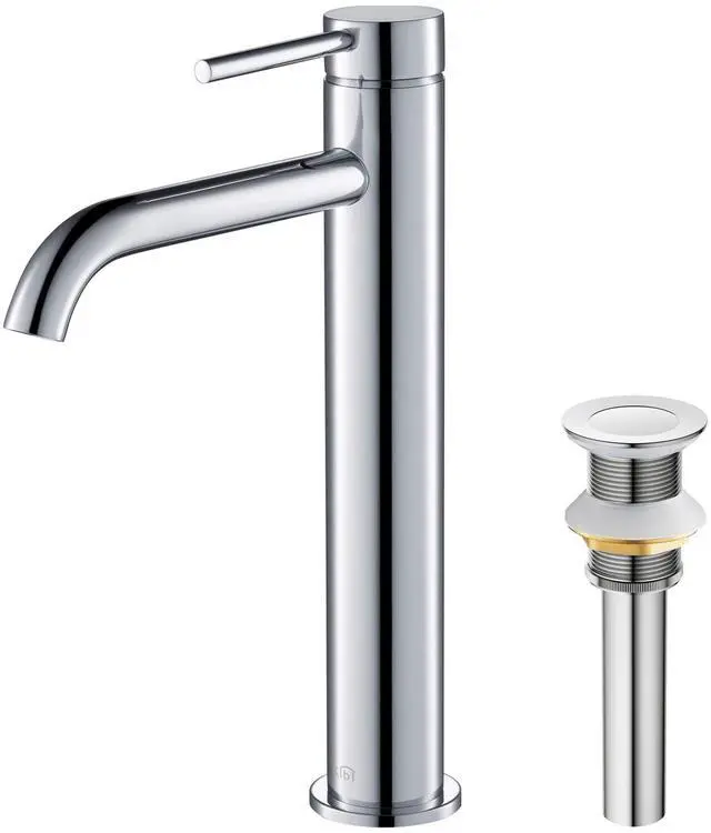 Main image of KBF1009 Solid Brass Single Handle Single Hole Circular Faucet for Bathroom Sink with Pop Up Drain | High Arc Faucet Spout Design | Rust and Corrosion Resistant | Chrome Finish