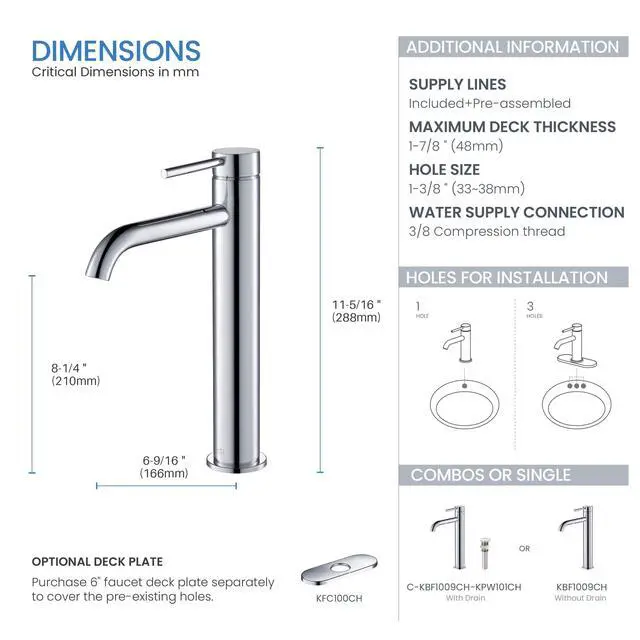 Alt view image 4 of 6 - KBF1009 Solid Brass Single Handle Single Hole Circular Faucet for Bathroom Sink with Pop Up Drain | High Arc Faucet Spout Design | Rust and Corrosion Resistant | Chrome Finish