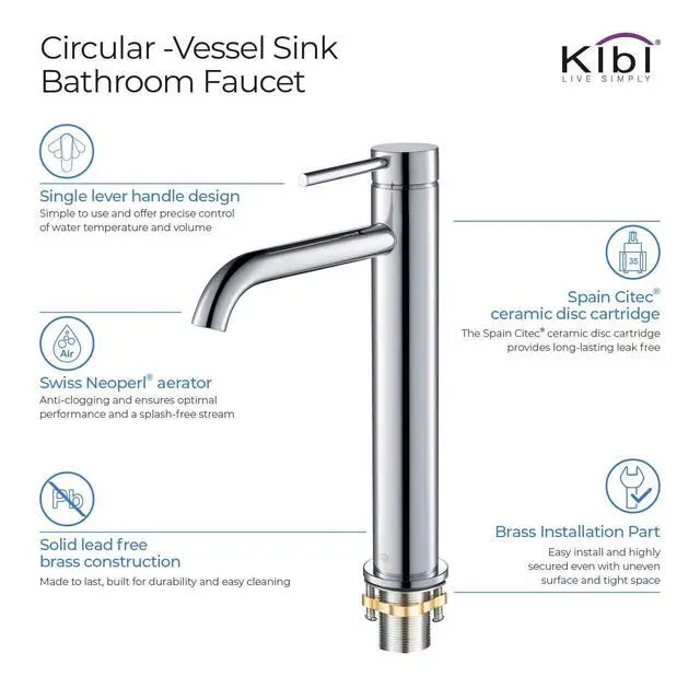 Alt view image 5 of 6 - KBF1009 Solid Brass Single Handle Single Hole Circular Faucet for Bathroom Sink with Pop Up Drain | High Arc Faucet Spout Design | Rust and Corrosion Resistant | Chrome Finish