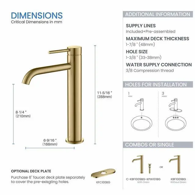Alt view image 5 of 6 - KBF1009 Solid Brass Single Handle Single Hole Circular Faucet for Bathroom Sink | High Arc Faucet Spout Design | Corrosion and Rust Resistant | Brushed Gold