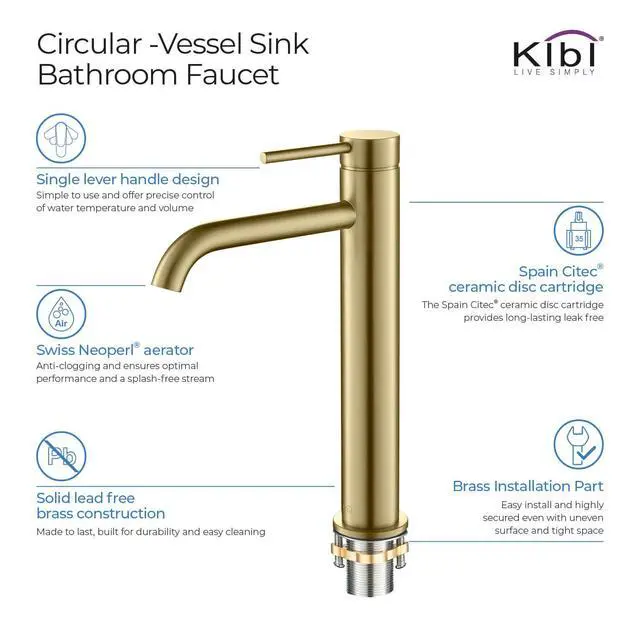 Alt view image 6 of 6 - KBF1009 Solid Brass Single Handle Single Hole Circular Faucet for Bathroom Sink | High Arc Faucet Spout Design | Corrosion and Rust Resistant | Brushed Gold