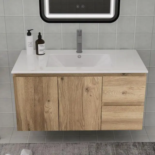 Alt view image 2 of 6 - Wall-Mounted Bathroom Vanity with Soft-Close Drawers and Doors Moisture-Resistant MDF, Space-Saving Design for Modern Bathrooms (Nature Without Sink, 36)