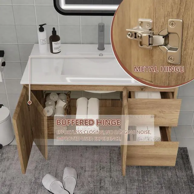 Alt view image 4 of 6 - Wall-Mounted Bathroom Vanity with Soft-Close Drawers and Doors Moisture-Resistant MDF, Space-Saving Design for Modern Bathrooms (Nature Without Sink, 36)