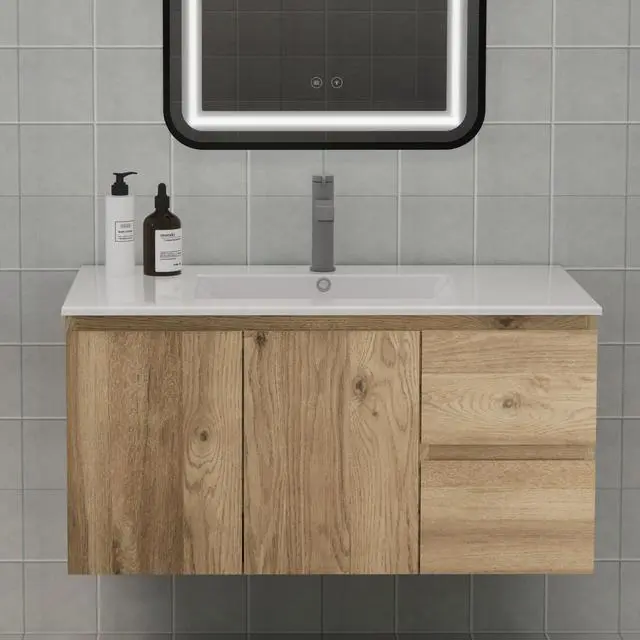 Alt view image 5 of 6 - Wall-Mounted Bathroom Vanity with Soft-Close Drawers and Doors Moisture-Resistant MDF, Space-Saving Design for Modern Bathrooms (Nature Without Sink, 36)