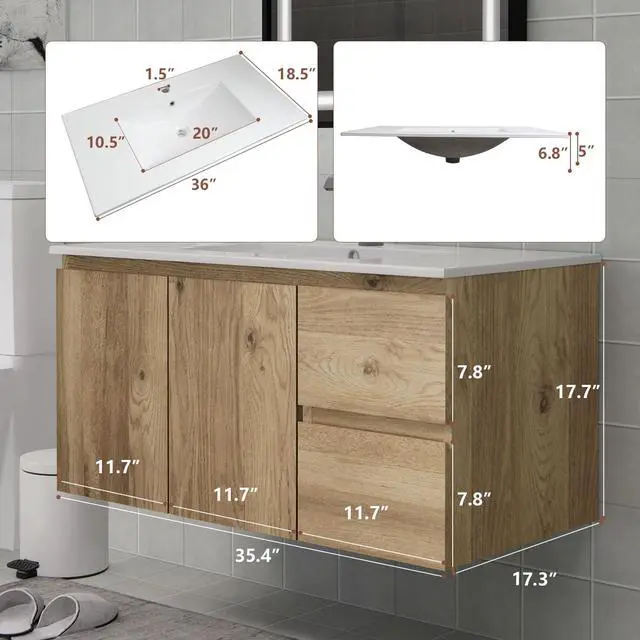 Alt view image 6 of 6 - Wall-Mounted Bathroom Vanity with Soft-Close Drawers and Doors Moisture-Resistant MDF, Space-Saving Design for Modern Bathrooms (Nature Without Sink, 36)