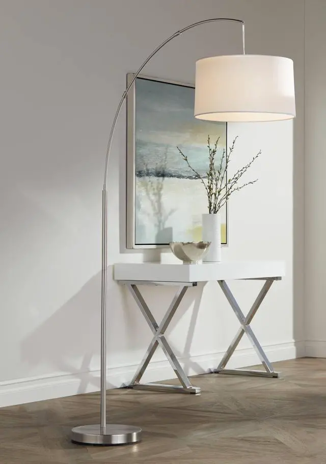 Main image of Cora Modern Arched Task Floor Lamp Standing 72" Tall Brushed Nickel Silver Off White Linen Fabric Drum Shade for Living Room Reading House Bedroom Home Decor