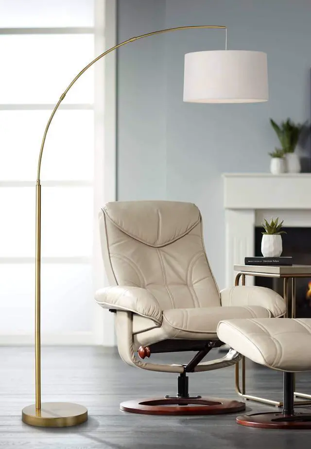 Main image of Cora Modern Mid Century Arc Floor Lamp Standing 72" Tall Classic Brass Gold White Linen Drum Shade Decor for Living Room Reading Bedroom Office House Home Decor