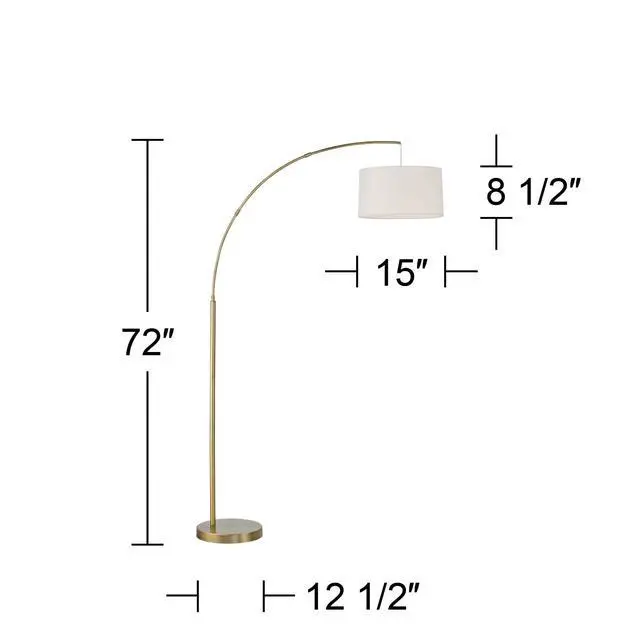 Alt view image 4 of 6 - Cora Modern Mid Century Arc Floor Lamp Standing 72" Tall Classic Brass Gold White Linen Drum Shade Decor for Living Room Reading Bedroom Office House Home Decor