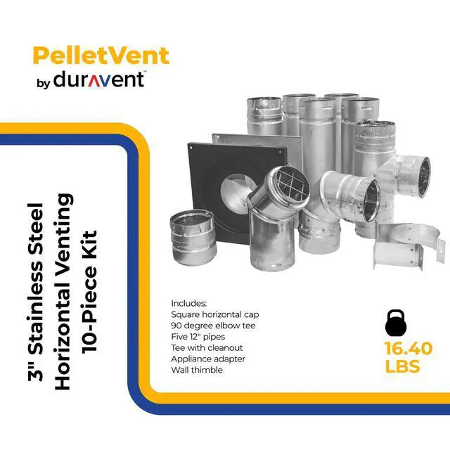 Alt view image 2 of 6 - 3 Inch PelletVent Stainless Steel Double Wall Vent Pipe Kit - Pellet Stove Exhaust for Indoor Heater, Horizontal Venting System with Cleanout Tee Cap