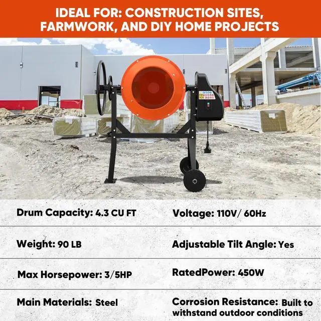 Alt view image 2 of 6 - 4.3 Cu.Ft. Cement Mixer, 3/5HP. 450W Electric Portable Concrete Mixer Machine with Stand & Wheels for Stucco, Mortar, Seeds, Orange