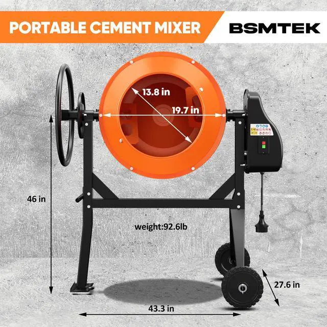 Alt view image 3 of 6 - 4.3 Cu.Ft. Cement Mixer, 3/5HP. 450W Electric Portable Concrete Mixer Machine with Stand & Wheels for Stucco, Mortar, Seeds, Orange