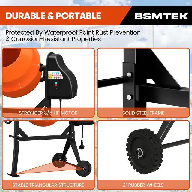 Alt view image 4 of 6 - 4.3 Cu.Ft. Cement Mixer, 3/5HP. 450W Electric Portable Concrete Mixer Machine with Stand & Wheels for Stucco, Mortar, Seeds, Orange