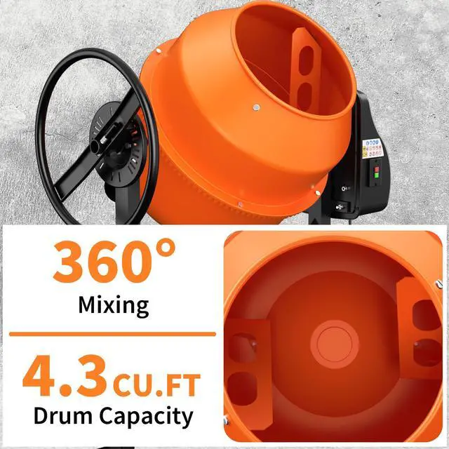 Alt view image 5 of 6 - 4.3 Cu.Ft. Cement Mixer, 3/5HP. 450W Electric Portable Concrete Mixer Machine with Stand & Wheels for Stucco, Mortar, Seeds, Orange