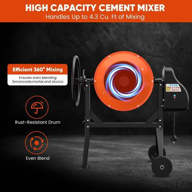 Alt view image 6 of 6 - 4.3 Cu.Ft. Cement Mixer, 3/5HP. 450W Electric Portable Concrete Mixer Machine with Stand & Wheels for Stucco, Mortar, Seeds, Orange