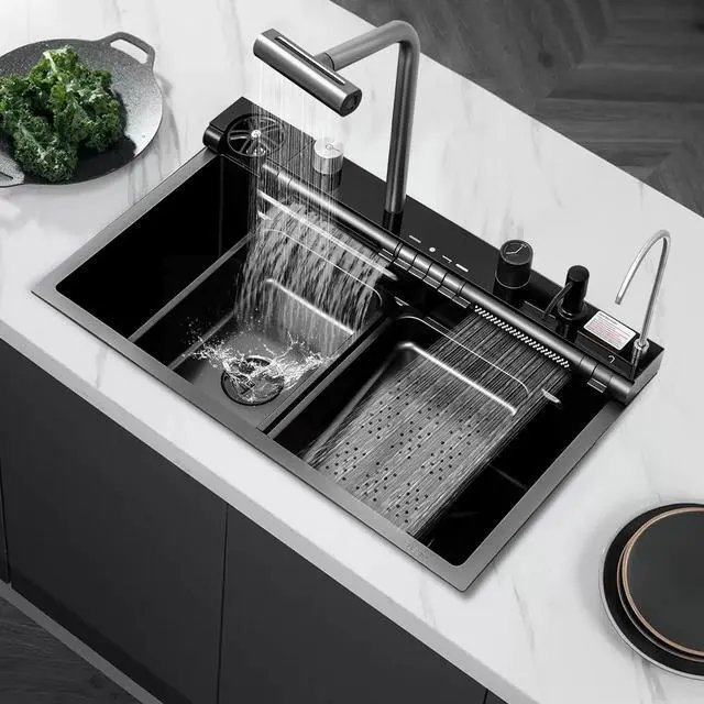 Main image of 30x18 Dual Waterfall Kitchen Sink,Modern Kitchen Sink with 4 in 1 Faucet,Black Stainless Steel Single Bowl Digital Smart Sink with Pull-Out Faucet,Multifunctional Workstation Sinks with Nano Honeycomb