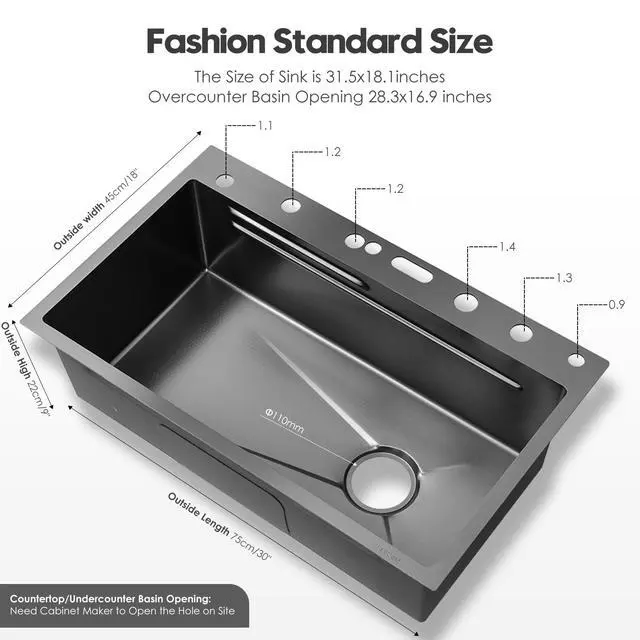 Alt view image 2 of 6 - 30x18 Dual Waterfall Kitchen Sink,Modern Kitchen Sink with 4 in 1 Faucet,Black Stainless Steel Single Bowl Digital Smart Sink with Pull-Out Faucet,Multifunctional Workstation Sinks with Nano Honeycomb