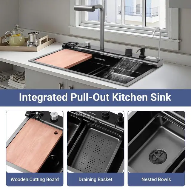Alt view image 3 of 6 - 30x18 Dual Waterfall Kitchen Sink,Modern Kitchen Sink with 4 in 1 Faucet,Black Stainless Steel Single Bowl Digital Smart Sink with Pull-Out Faucet,Multifunctional Workstation Sinks with Nano Honeycomb