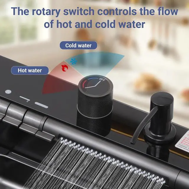 Alt view image 4 of 6 - 30x18 Dual Waterfall Kitchen Sink,Modern Kitchen Sink with 4 in 1 Faucet,Black Stainless Steel Single Bowl Digital Smart Sink with Pull-Out Faucet,Multifunctional Workstation Sinks with Nano Honeycomb