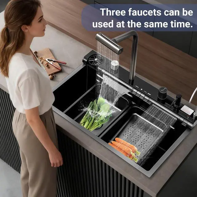 Alt view image 5 of 6 - 30x18 Dual Waterfall Kitchen Sink,Modern Kitchen Sink with 4 in 1 Faucet,Black Stainless Steel Single Bowl Digital Smart Sink with Pull-Out Faucet,Multifunctional Workstation Sinks with Nano Honeycomb