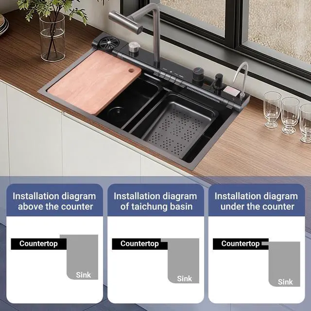 Alt view image 6 of 6 - 30x18 Dual Waterfall Kitchen Sink,Modern Kitchen Sink with 4 in 1 Faucet,Black Stainless Steel Single Bowl Digital Smart Sink with Pull-Out Faucet,Multifunctional Workstation Sinks with Nano Honeycomb