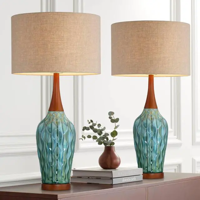Main image of Rocco Mid Century Modern Table Lamps 30" Tall Set of 2 Blue Teal Glaze Ceramic Cherry Wood Tan Fabric Drum Shade for Cottage Core Bedroom Living Room Bedside Nightstand House Home