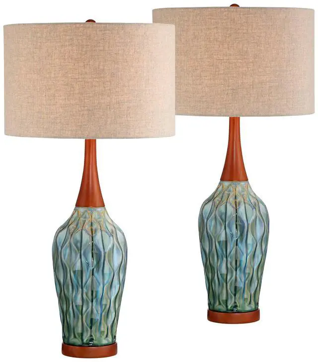 Alt view image 2 of 6 - Rocco Mid Century Modern Table Lamps 30" Tall Set of 2 Blue Teal Glaze Ceramic Cherry Wood Tan Fabric Drum Shade for Cottage Core Bedroom Living Room Bedside Nightstand House Home