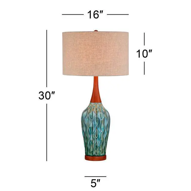 Alt view image 4 of 6 - Rocco Mid Century Modern Table Lamps 30" Tall Set of 2 Blue Teal Glaze Ceramic Cherry Wood Tan Fabric Drum Shade for Cottage Core Bedroom Living Room Bedside Nightstand House Home