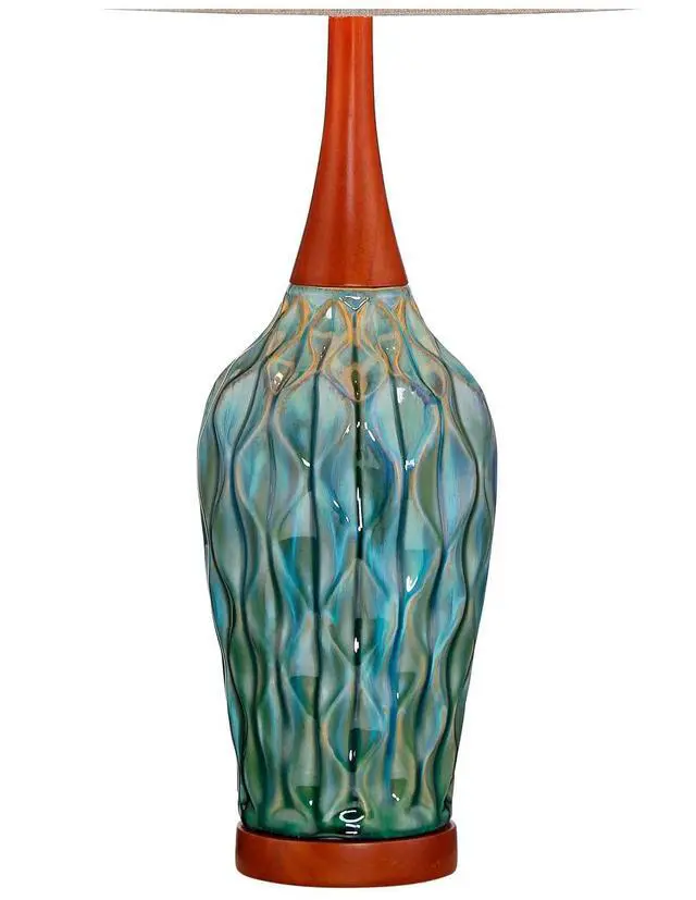 Alt view image 5 of 6 - Rocco Mid Century Modern Table Lamps 30" Tall Set of 2 Blue Teal Glaze Ceramic Cherry Wood Tan Fabric Drum Shade for Cottage Core Bedroom Living Room Bedside Nightstand House Home