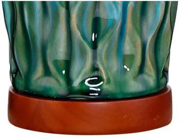 Alt view image 6 of 6 - Rocco Mid Century Modern Table Lamps 30" Tall Set of 2 Blue Teal Glaze Ceramic Cherry Wood Tan Fabric Drum Shade for Cottage Core Bedroom Living Room Bedside Nightstand House Home