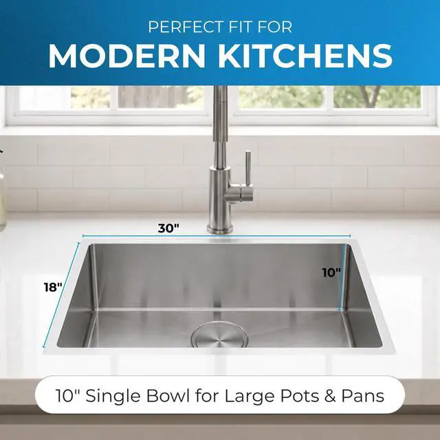 Alt view image 3 of 6 - Zuhnë Modena 30-Inch Undermount Kitchen Sink, Single Bowl 16 Gauge T304 18/10 Stainless Steel, Brushed Finish, Sound Guard, 30 x 18 x 10 in