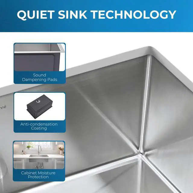 Alt view image 5 of 6 - Zuhnë Modena 30-Inch Undermount Kitchen Sink, Single Bowl 16 Gauge T304 18/10 Stainless Steel, Brushed Finish, Sound Guard, 30 x 18 x 10 in