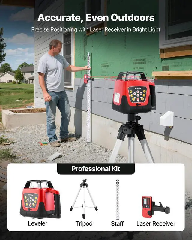 Alt view image 2 of 6 - Rotary Laser Level Kit, 1650ft 360-Degree Self Leveling Red Horizontal Laser Transit,with Tripod,Receiver,Remote Control, Scale,Toolcase, IP66 Waterproof, 0.80in/100ft Precision for Construction