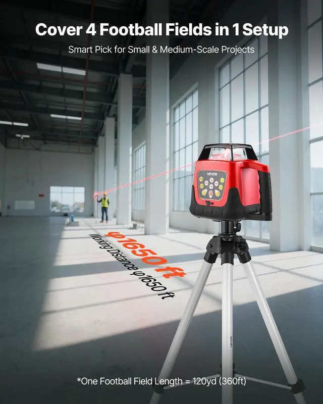 Alt view image 4 of 6 - Rotary Laser Level Kit, 1650ft 360-Degree Self Leveling Red Horizontal Laser Transit,with Tripod,Receiver,Remote Control, Scale,Toolcase, IP66 Waterproof, 0.80in/100ft Precision for Construction
