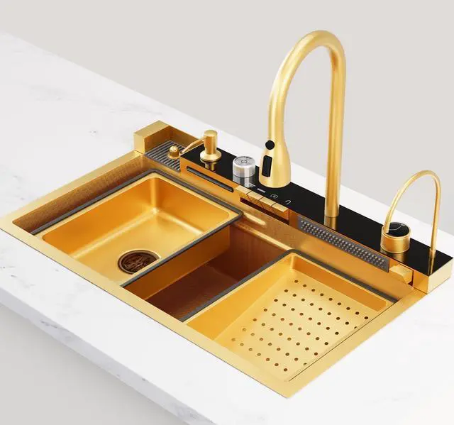 Main image of 29.5 x 18 Inch Gold 304 Stainless Steel Smart Waterfall Kitchen Sink Set with Pull-down Faucet, Drain Basket, Inside-Basin, and Cutting Board, Temperature Display (29.5 x18 Inch)