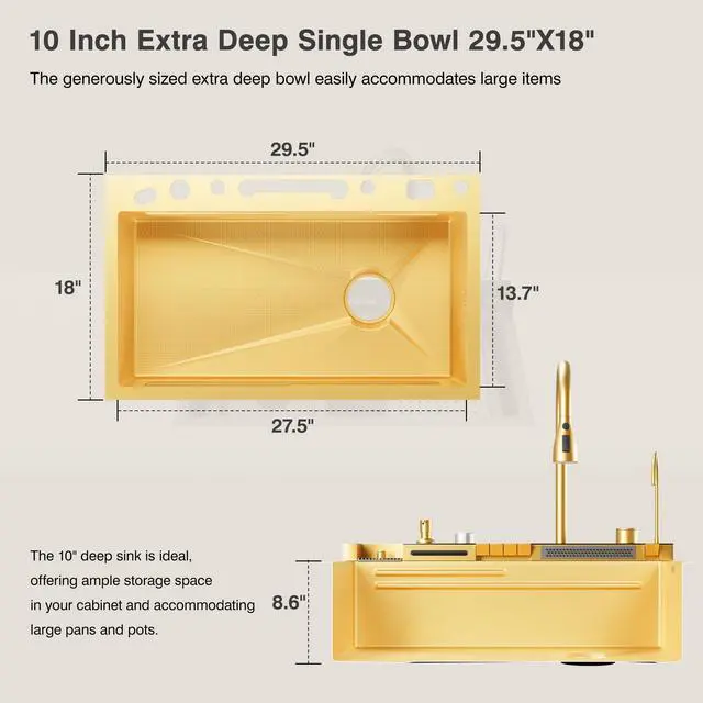 Alt view image 2 of 6 - 29.5 x 18 Inch Gold 304 Stainless Steel Smart Waterfall Kitchen Sink Set with Pull-down Faucet, Drain Basket, Inside-Basin, and Cutting Board, Temperature Display (29.5 x18 Inch)