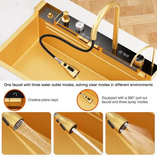 Alt view image 3 of 6 - 29.5 x 18 Inch Gold 304 Stainless Steel Smart Waterfall Kitchen Sink Set with Pull-down Faucet, Drain Basket, Inside-Basin, and Cutting Board, Temperature Display (29.5 x18 Inch)