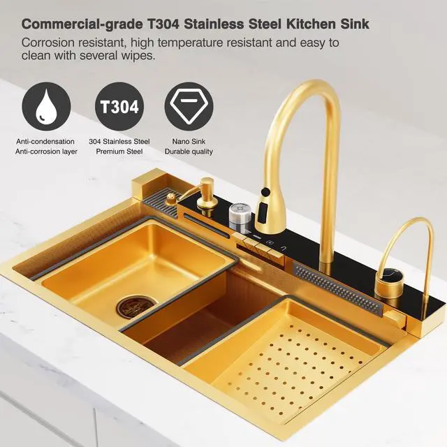 Alt view image 5 of 6 - 29.5 x 18 Inch Gold 304 Stainless Steel Smart Waterfall Kitchen Sink Set with Pull-down Faucet, Drain Basket, Inside-Basin, and Cutting Board, Temperature Display (29.5 x18 Inch)