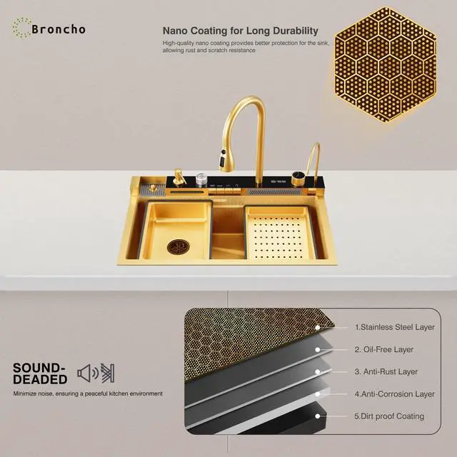 Alt view image 6 of 6 - 29.5 x 18 Inch Gold 304 Stainless Steel Smart Waterfall Kitchen Sink Set with Pull-down Faucet, Drain Basket, Inside-Basin, and Cutting Board, Temperature Display (29.5 x18 Inch)