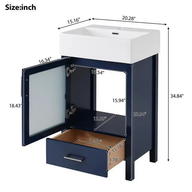 Alt view image 2 of 6 - 20 Inch Bathroom Vanity with Ceramic Sink and Ample Storage,Ideal for Small Bathrooms,Blue