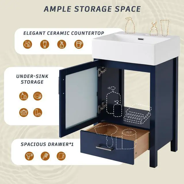 Alt view image 5 of 6 - 20 Inch Bathroom Vanity with Ceramic Sink and Ample Storage,Ideal for Small Bathrooms,Blue