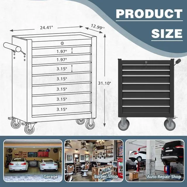 Alt view image 3 of 6 - 7-Drawer Tool Chest, Rolling Tool Box with Wheels, High Capacity Detachable Mobile Tool Storage Cabinet for Workshop, Garage, Mechanics and Repair Room (Black, 7-Drawer)