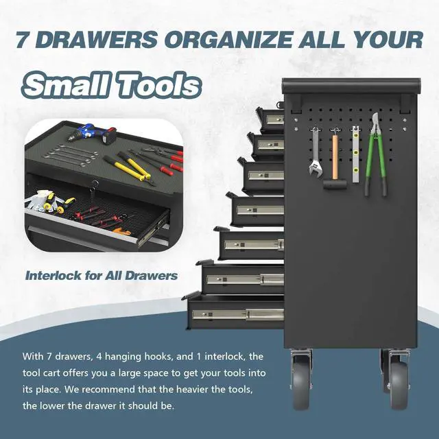Alt view image 4 of 6 - 7-Drawer Tool Chest, Rolling Tool Box with Wheels, High Capacity Detachable Mobile Tool Storage Cabinet for Workshop, Garage, Mechanics and Repair Room (Black, 7-Drawer)